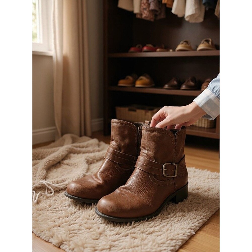 Earth Origins Paris Brown Leather Booties Women’s Side Zip Casual Boots Sz 8W